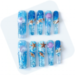Ocean Whisper-Ocean Blue Long Coffin Press-Ons with Jellyfish & Starfish Charms