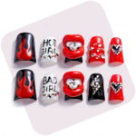 Rebel Pout-Rebel Red & Black Short Duck Press-Ons with 3D Lip & Rhinestone Charms