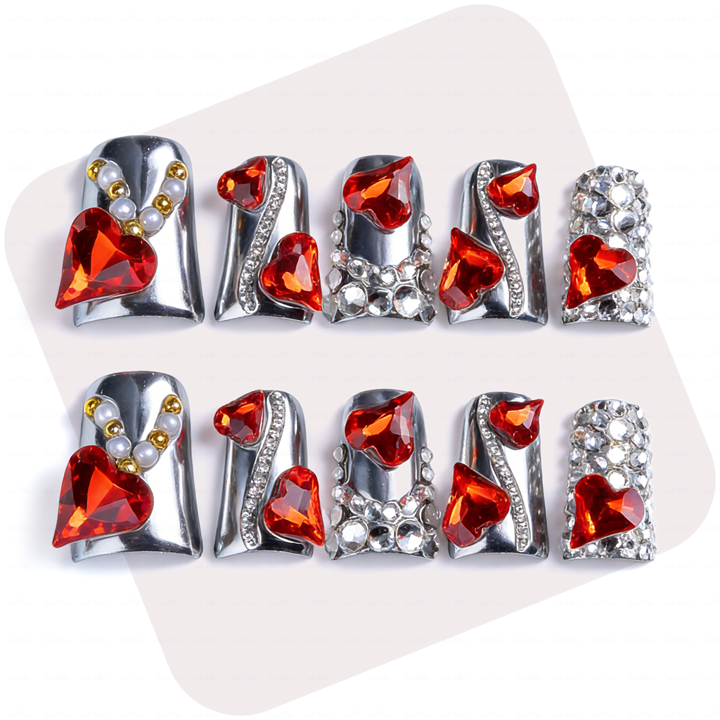主图1-正面 Ruby Chrome-Metallic Silver Short Duck Press-Ons with Red Crystal & Heart Charms - Image 1