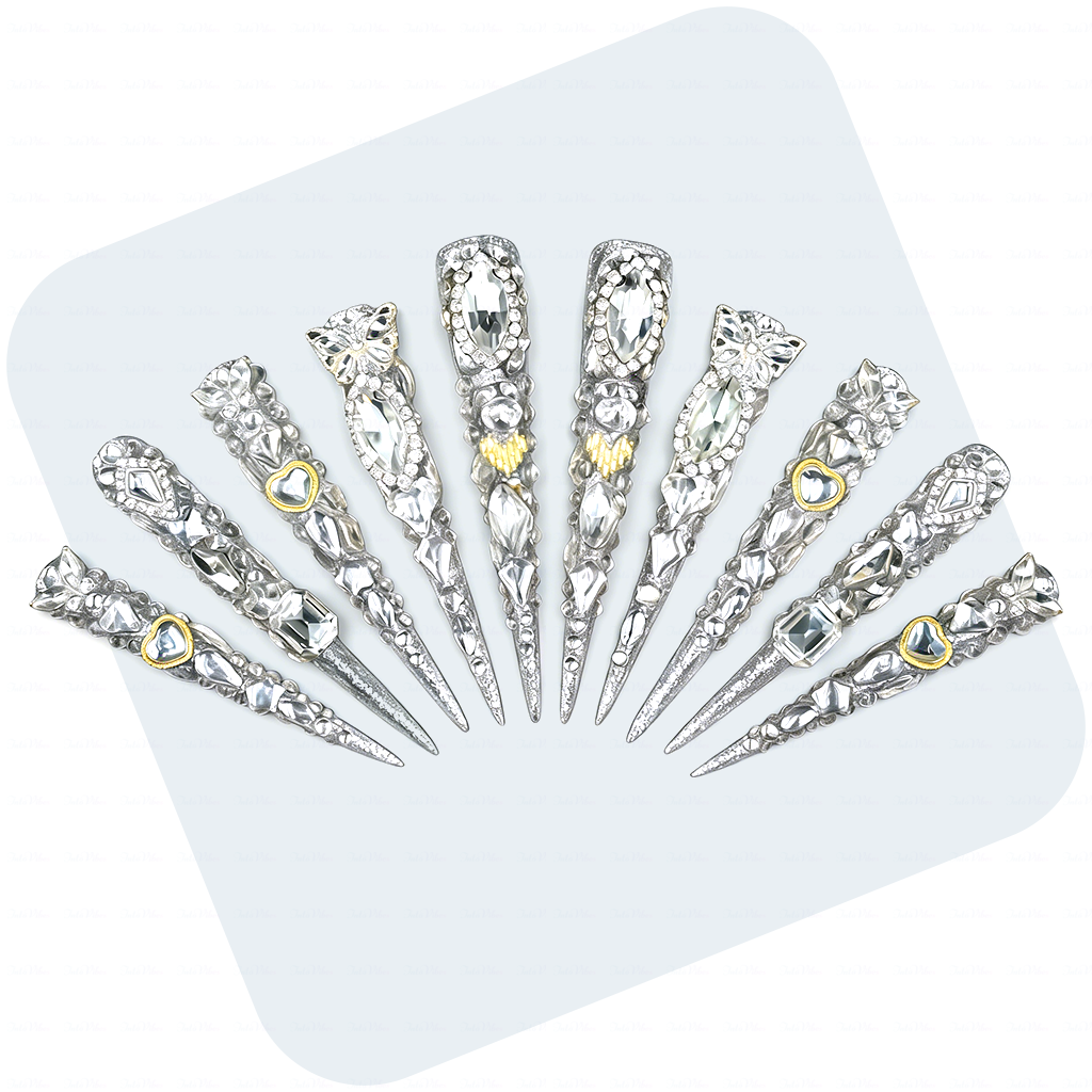 主图1-正面 Diamond Spike-Silver Glitter Stiletto Press-Ons with Full Rhinestone Coverage - Image 1