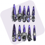 Noir Amethyst-Satin Purple Stiletto Press-Ons with Dark Crystal & Chain Charms
