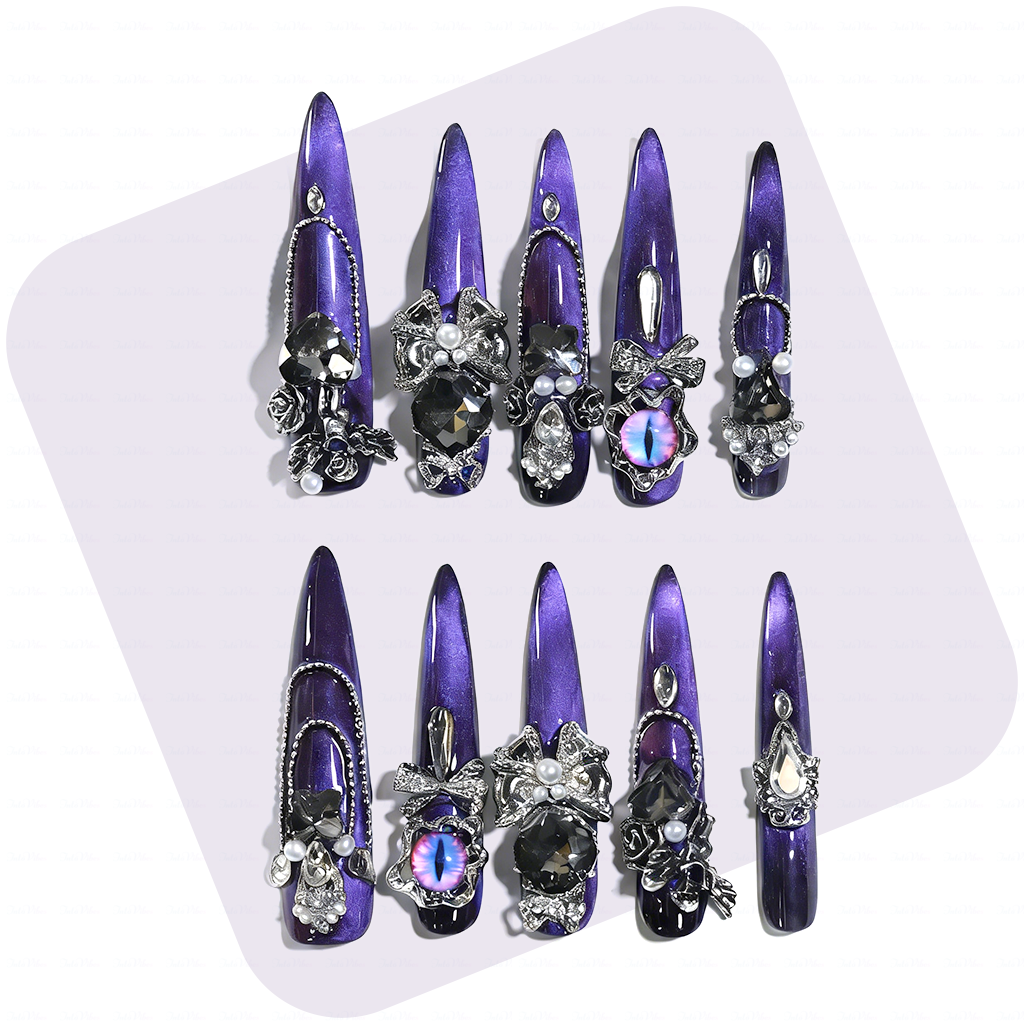 主图1-正面 Noir Amethyst-Satin Purple Stiletto Press-Ons with Dark Crystal & Chain Charms - Image 1