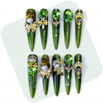Emerald Thorne-Forest Green Stiletto Press-Ons with Crystal & Pearl Charms