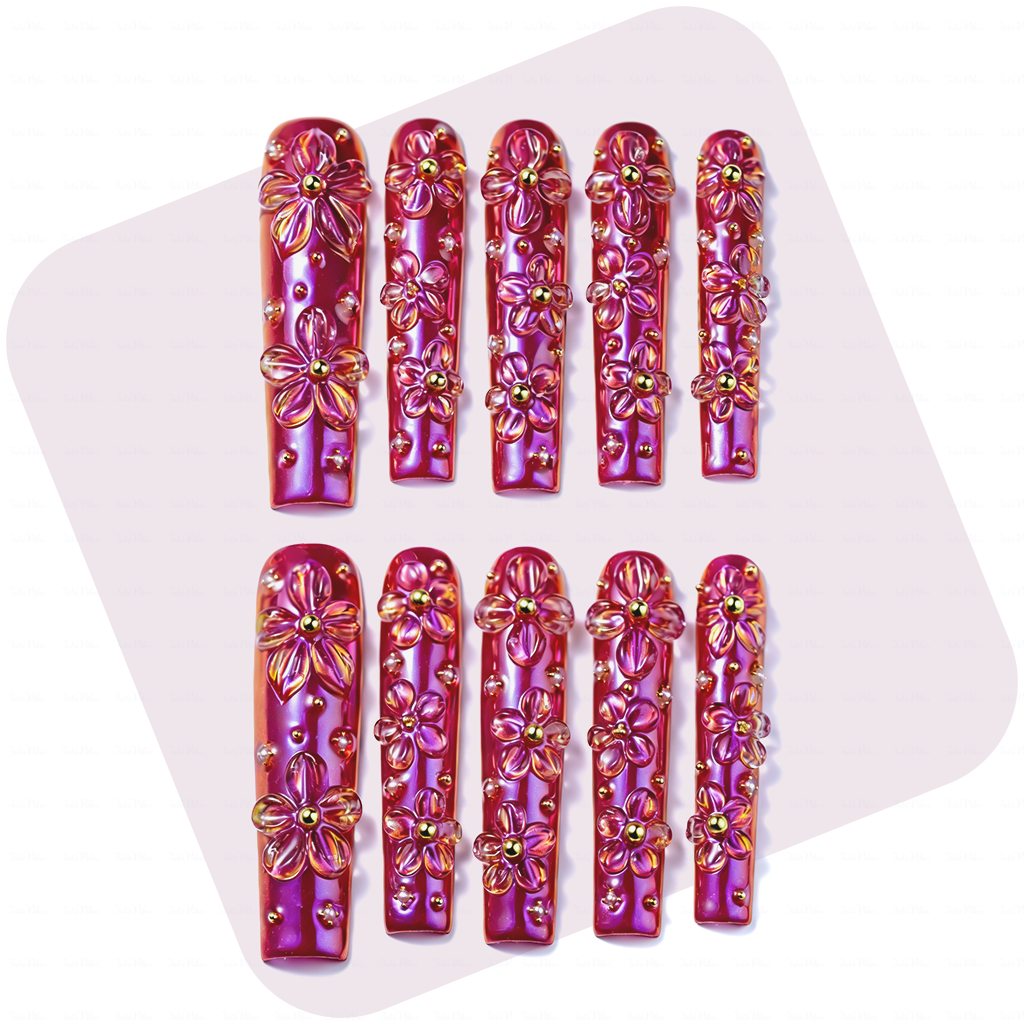 主图1-正面 Bloom Aurora-Iridescent Purple Long Square Press-Ons with 3D Floral Charms - Image 1