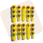 Sunset Heart-Neon Yellow Long Square Press-Ons with Rainbow Crystal Hearts
