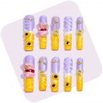 Sunset Swirl-Lavender & Mango Long Square Press-Ons with 3D Lip & Chain Charms