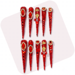 Ruby Royale -Crimson Red Long Stiletto Press-Ons with Rhinestone Halo, Heart Gem & Gold Bow Charms