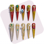 Royal Gala-Red & Gold Stiletto Press-Ons with Crystal & Pearl Accents