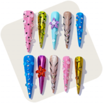 Rainbow Pop-Multi-Color Stiletto Press-Ons with 3D Floral & Rhinestone Accents