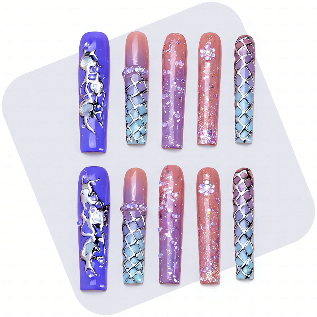 主图1-正面 Mystic Gradient -Multi-Tone Long Square Press-Ons with Chrome & Glitter Accents - Image 1