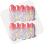 Blossom Glitz -Soft Coral Short Curved Press-Ons with Micro Floral & Iridescent Glitter
