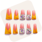 Sunset Blossom – Pink & Gold Long Duck Press-Ons with Crystal & Floral Accents