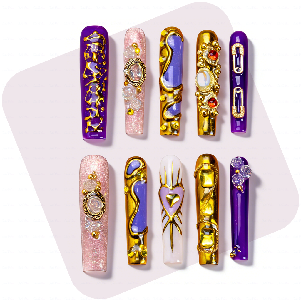 主图1-正面 Royal Opulence – Purple & Gold Long Square Press-Ons with 3D Baroque Charms - Image 1