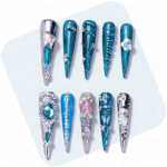 Ocean Chrome – Teal & Silver Stiletto Press-Ons with Crystal Accents