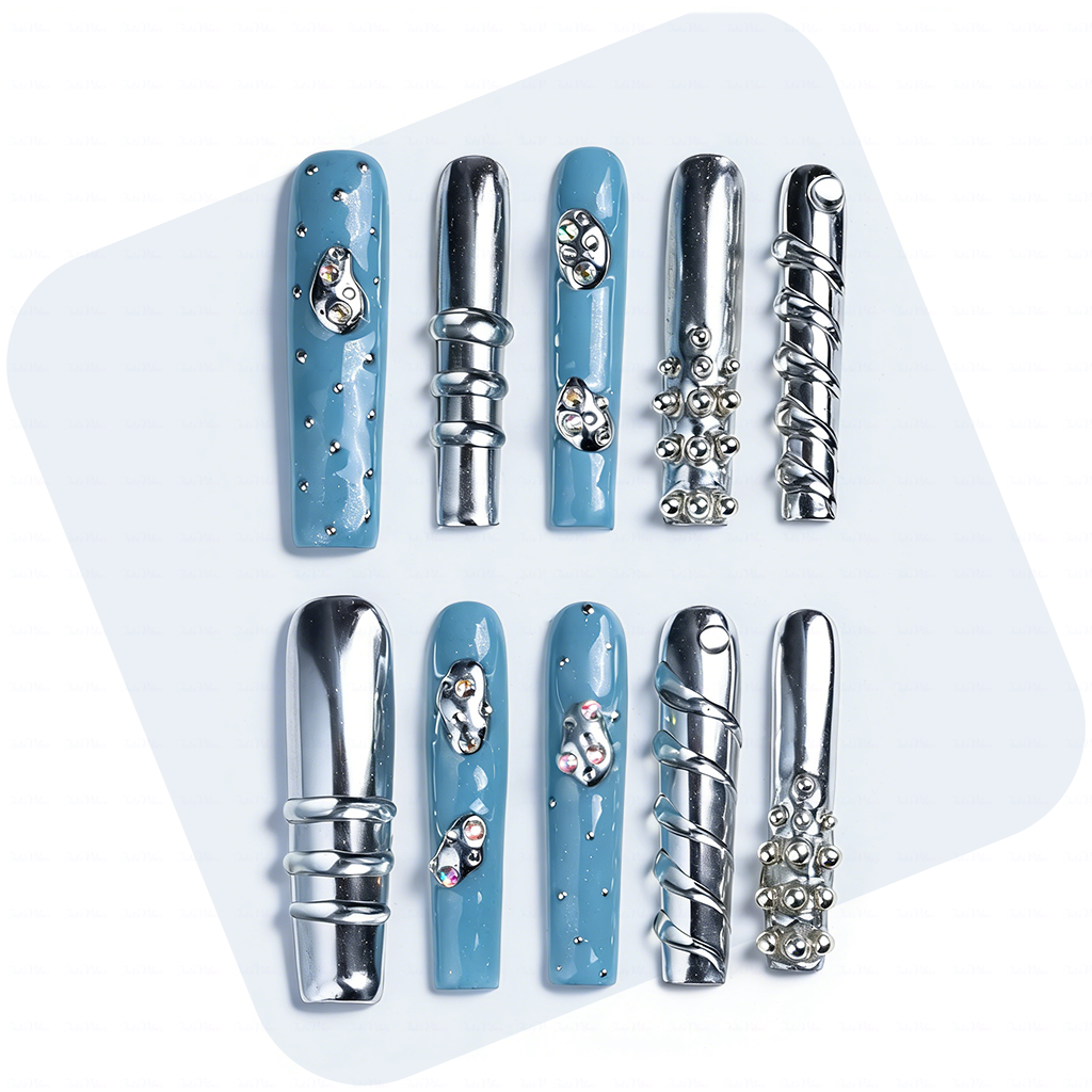 主图1-正面 Chrome Frost – Slate Blue & Silver Long Square Press-Ons with Crystal Accents - Image 1