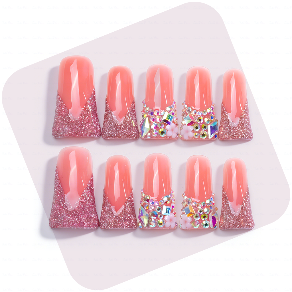 主图1-正面 Sunburst Glitz – Long Duck Press-Ons with Yellow Glitter & Crystal Accents - Image 1