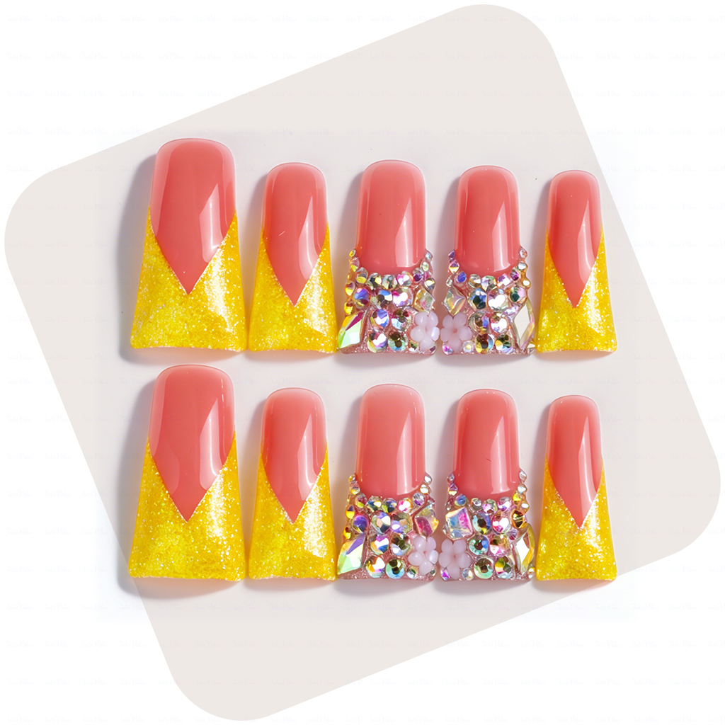 主图1-正面 Rose Gold Sparkle – Long Duck Press-Ons with Glitter & Crystal Accents - Image 1