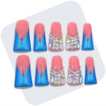 Ocean Blossom – Pink & Blue Long Duck Press-Ons with Crystal & Floral Accents