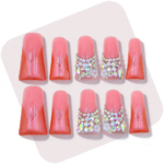 Coral Blossom – Pink & Red Gradient Long Duck Press-Ons with Crystal & Floral Accents