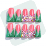 Festive Glitz – Pink & Green Glitter Long Duck Press-Ons with Crystal Clusters