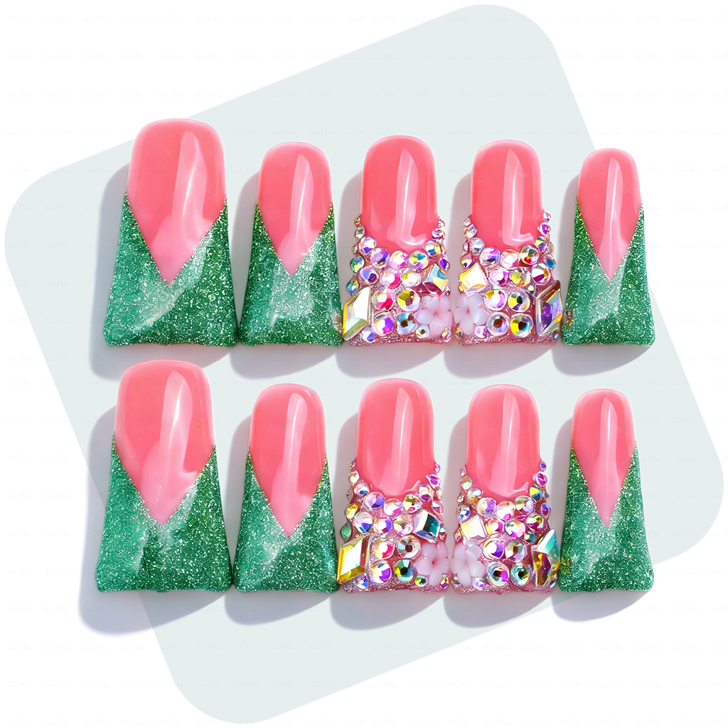 主图1-正面 Festive Glitz – Pink & Green Glitter Long Duck Press-Ons with Crystal Clusters - Image 1