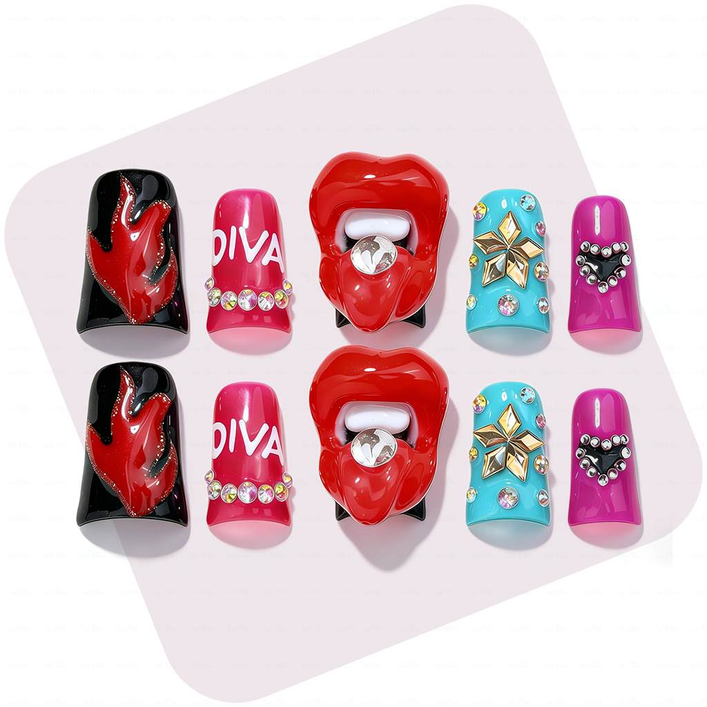 主图1-正面 Diva Pout -Bold Multi-Color Short Duck Press-Ons with 3D Lip & Rhinestone Charms - Image 1