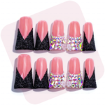 Crimson Noir – Pink & Black Glitter Long Duck Press-Ons with Crystal Accents