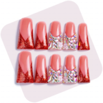 Ruby Blush – Pink & Red Glitter Long Duck Press-Ons with Iridescent Crystals