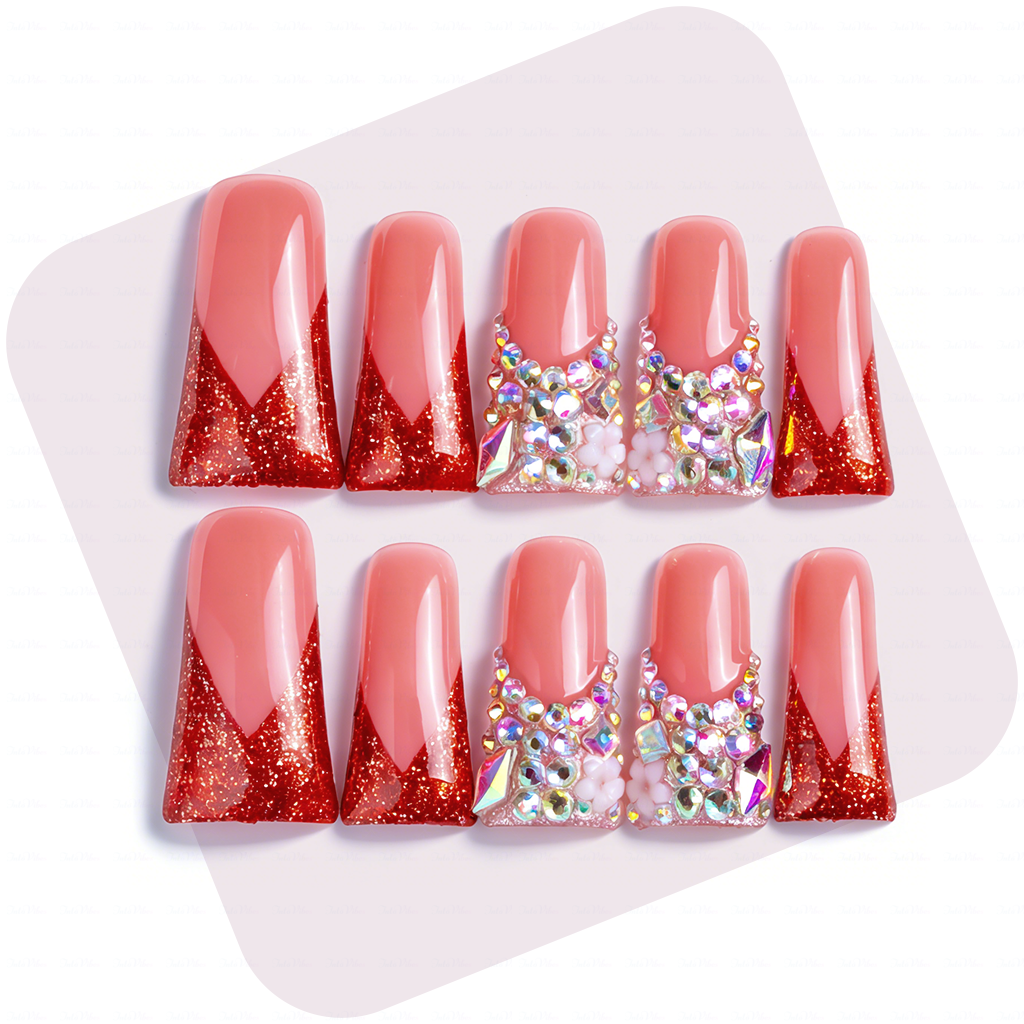 主图1-正面 Ruby Blush – Pink & Red Glitter Long Duck Press-Ons with Iridescent Crystals - Image 1