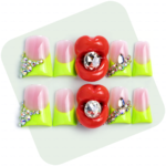 Neon Kiss – Blush Pink & Neon Green Short Duck Press-Ons with 3D Lip & Rhinestone Charms