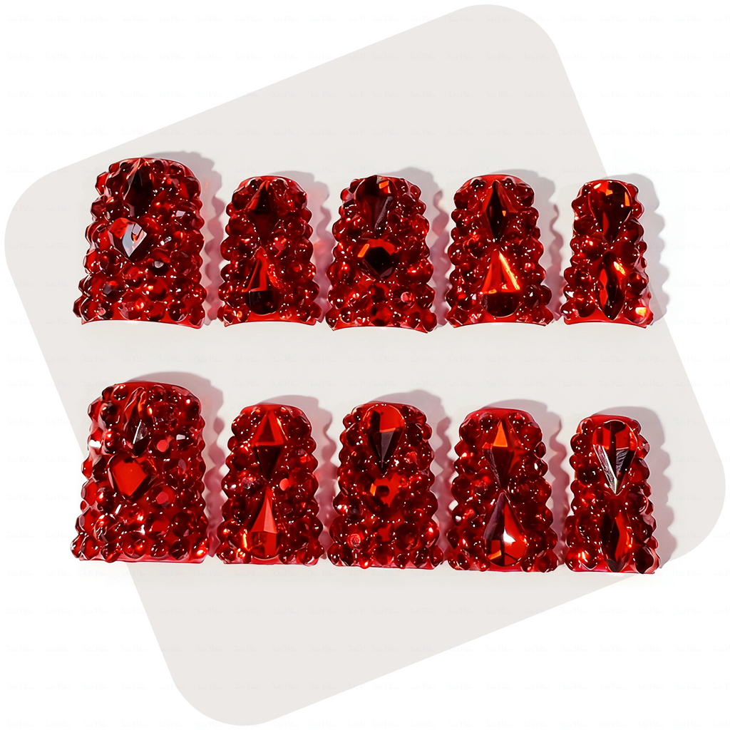 主图1-正面 Scarlet Blaze Hand & Foot Set – Red Crystal-Encrusted Press-Ons - Image 1
