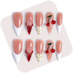Cherry Bloom – Long Stiletto Press-Ons with Cherry & Floral Accents