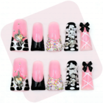 Sugar Bite – Sweet Pink Long Duck Press-Ons  with Pearl Bow & Rhinestone Charm