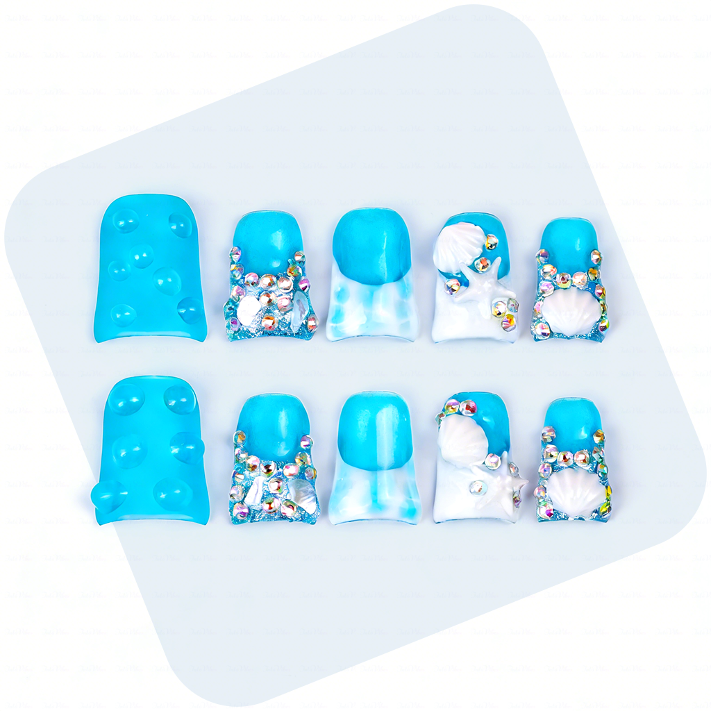 主图1-正面 Tide Sparkle-Ocean Blue Short Duck Press-Ons with Starfish & Seashell Charms - Image 1