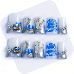 Chrome Vortex-Blue & Silver Short Duck Press-Ons with 3D Chain & Metal Accents