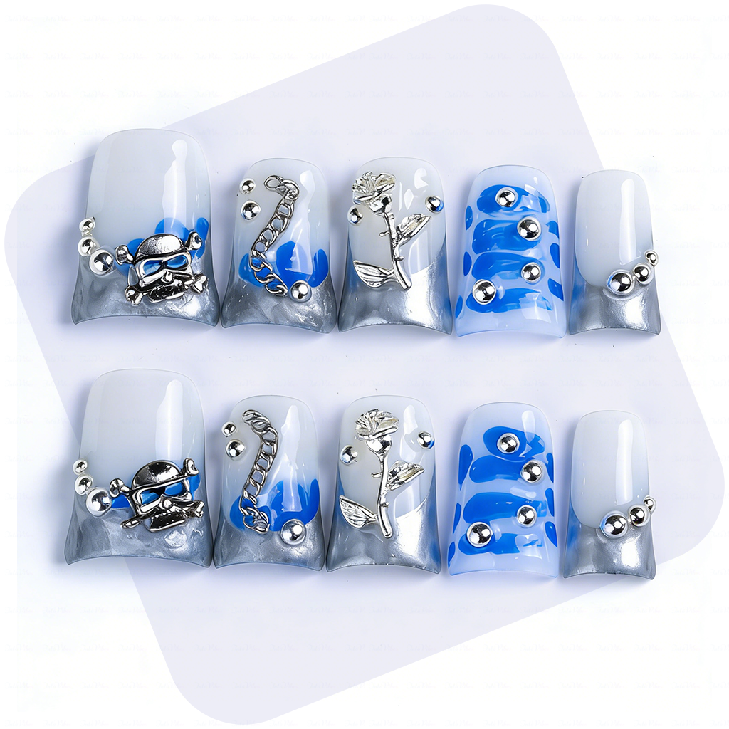 主图1-正面 Chrome Vortex-Blue & Silver Short Duck Press-Ons with 3D Chain & Metal Accents - Image 1