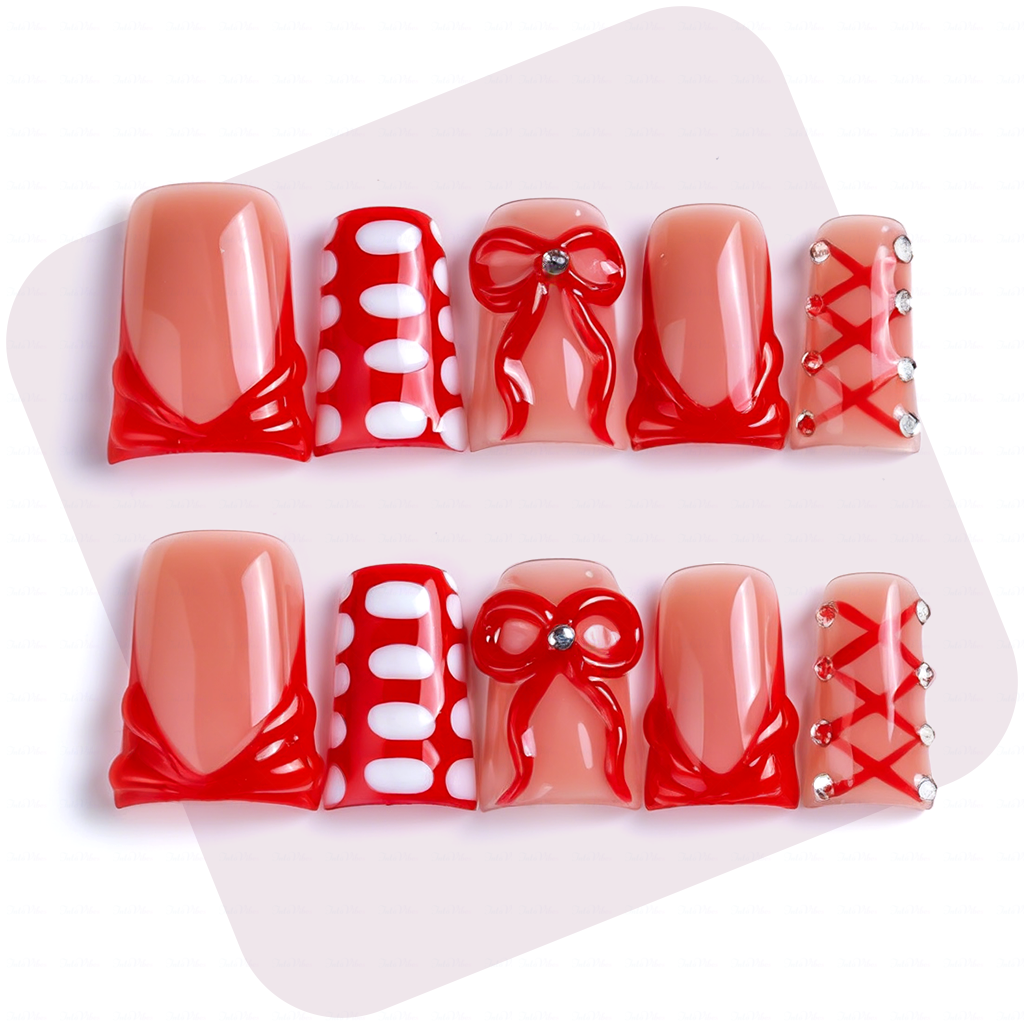 主图1-正面 Crimson Bow-Nude & Red Short Duck Press-Ons with 3D Bow & Lace Accents - Image 1