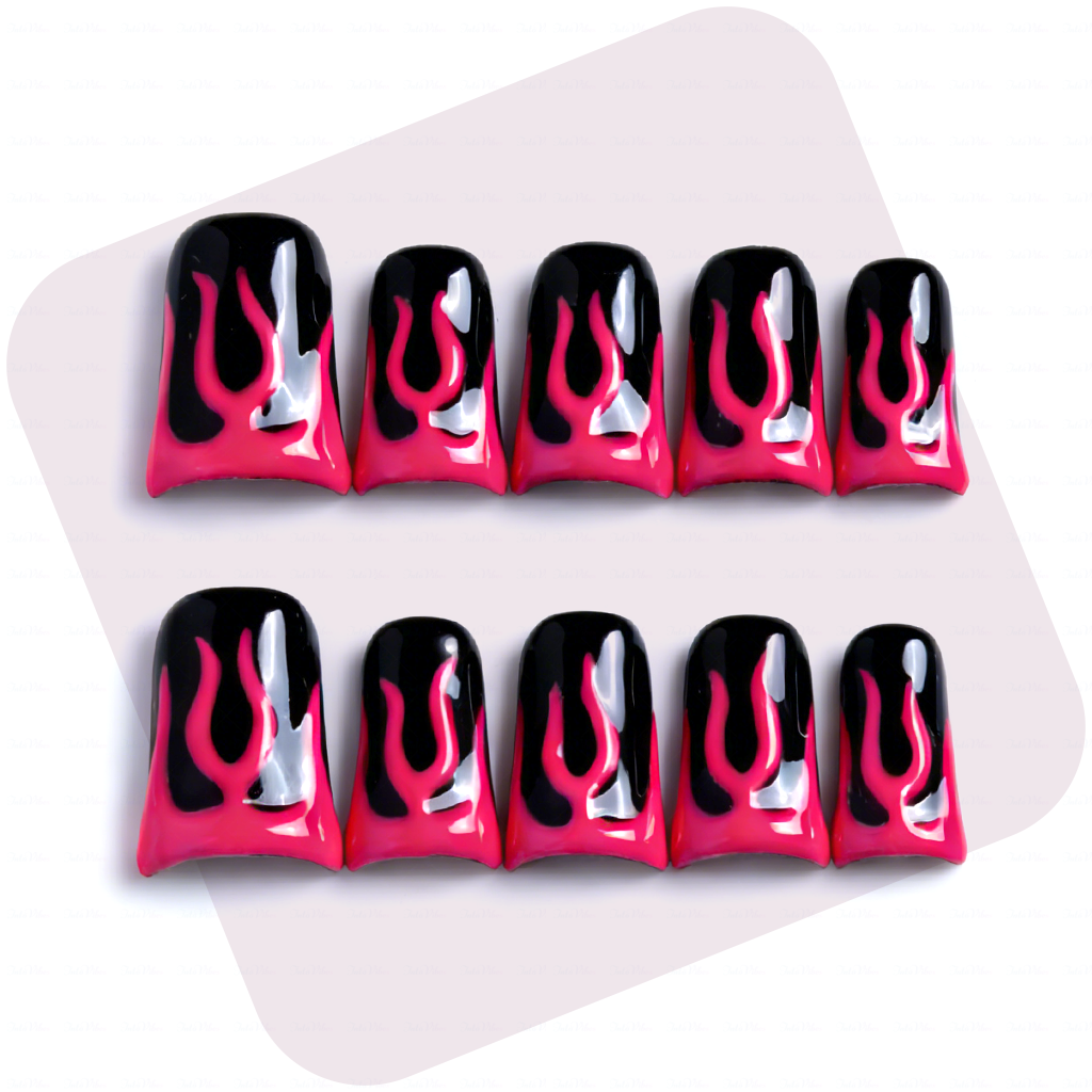 主图1-正面 Blaze Pop-Hot Pink & Black Short Duck Press-Ons with Flame Graphics - Image 1