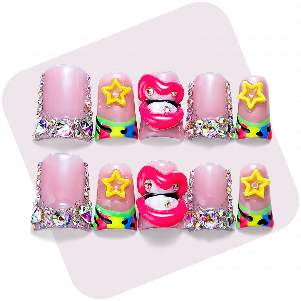 主图1-正面 Pout Pop-Bubblegum Pink Short Duck Press-Ons with 3D Lip & Star Charms - Image 1