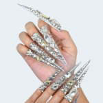 Diamond Spike-Silver Glitter Stiletto Press-Ons with Full Rhinestone Coverage - Image 2