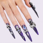 Noir Amethyst-Satin Purple Stiletto Press-Ons with Dark Crystal & Chain Charms - Image 2