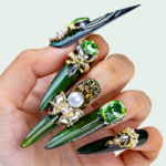 Emerald Thorne-Forest Green Stiletto Press-Ons with Crystal & Pearl Charms - Image 2