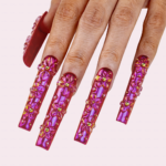 Bloom Aurora-Iridescent Purple Long Square Press-Ons with 3D Floral Charms - Image 2