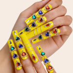 Sunset Heart-Neon Yellow Long Square Press-Ons with Rainbow Crystal Hearts - Image 2