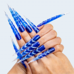 Ice Vortex-Cobalt Blue Stiletto Press-Ons with Silver Swirls - Image 2
