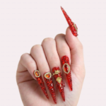 Ruby Royale -Crimson Red Long Stiletto Press-Ons with Rhinestone Halo, Heart Gem & Gold Bow Charms - Image 2