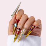 Royal Gala-Red & Gold Stiletto Press-Ons with Crystal & Pearl Accents - Image 2