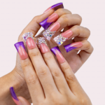 Blossom Gradient – Pink & Purple Long Duck Press-Ons with Crystal & Floral Accents - Image 2