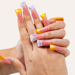 Sunset Blossom – Pink & Gold Long Duck Press-Ons with Crystal & Floral Accents - Image 2