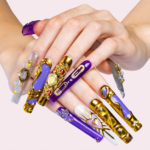 Royal Opulence – Purple & Gold Long Square Press-Ons with 3D Baroque Charms - Image 2
